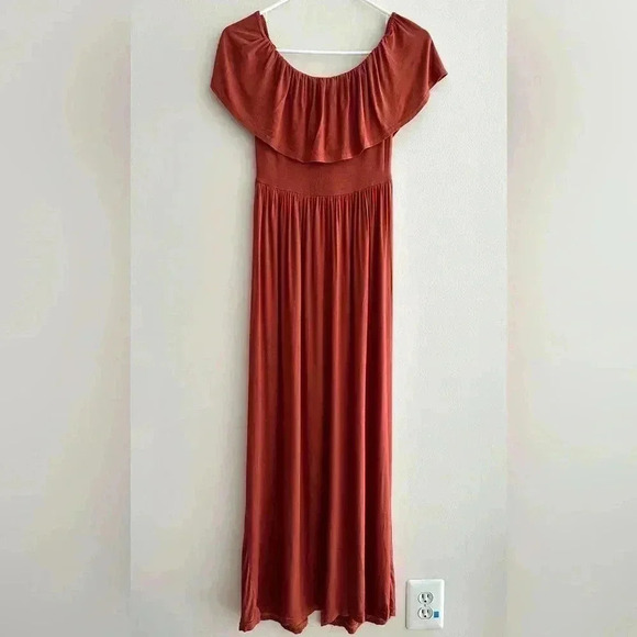 boohoo Stretch Midi Dress, Ruffled Off the Shoulder Sleeves, Burnt Orange, 6 - Picture 12 of 16